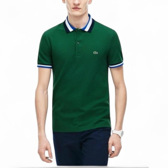 Men’s Lacoste Matte Piping Petit Piqué Slim Fit Polo – Green/Sapphire Blue, M - Picture 1 of 10